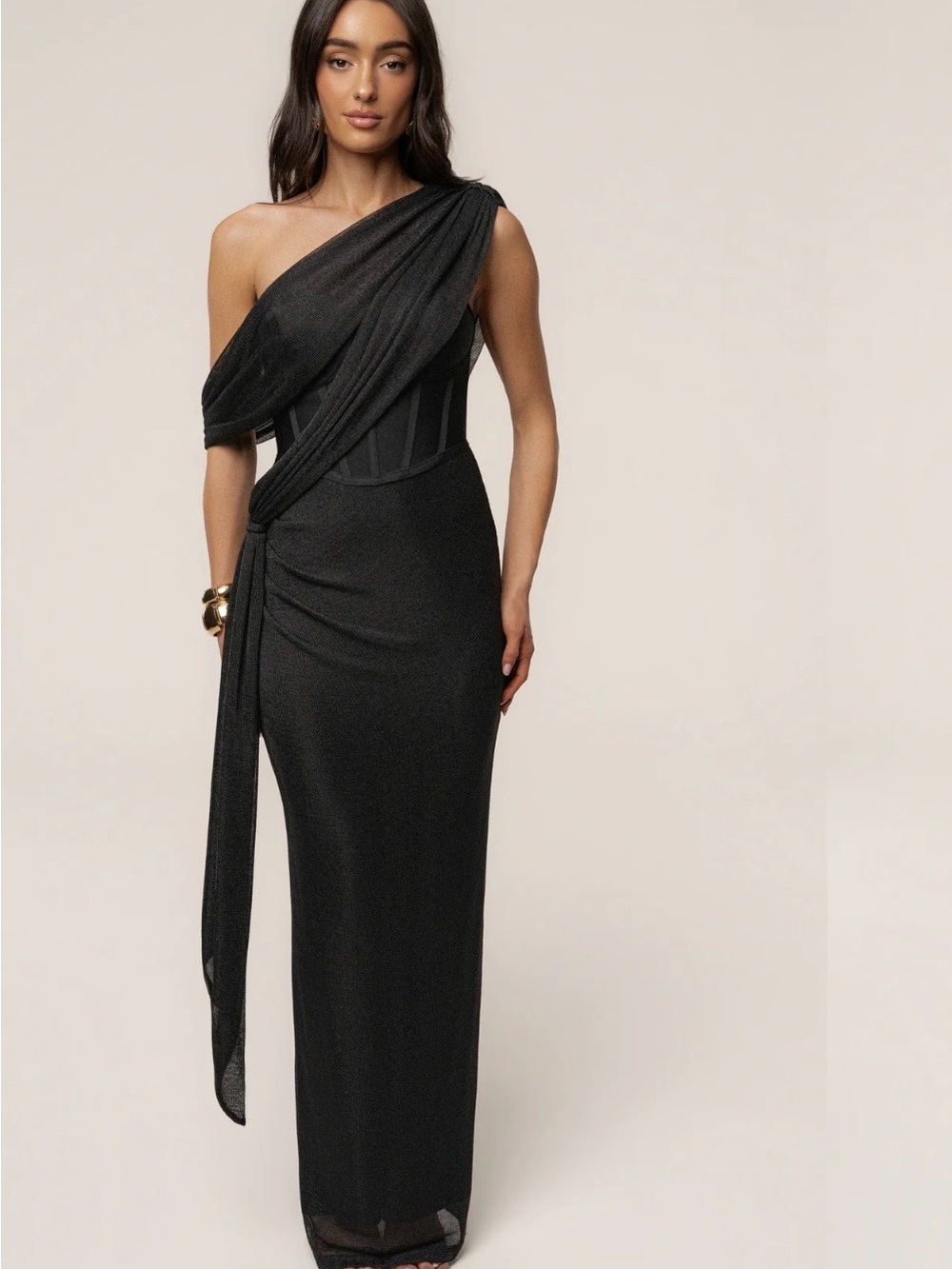 JLUXLABEL One-Shoulder Black Maxi Gown with Draped Sash
